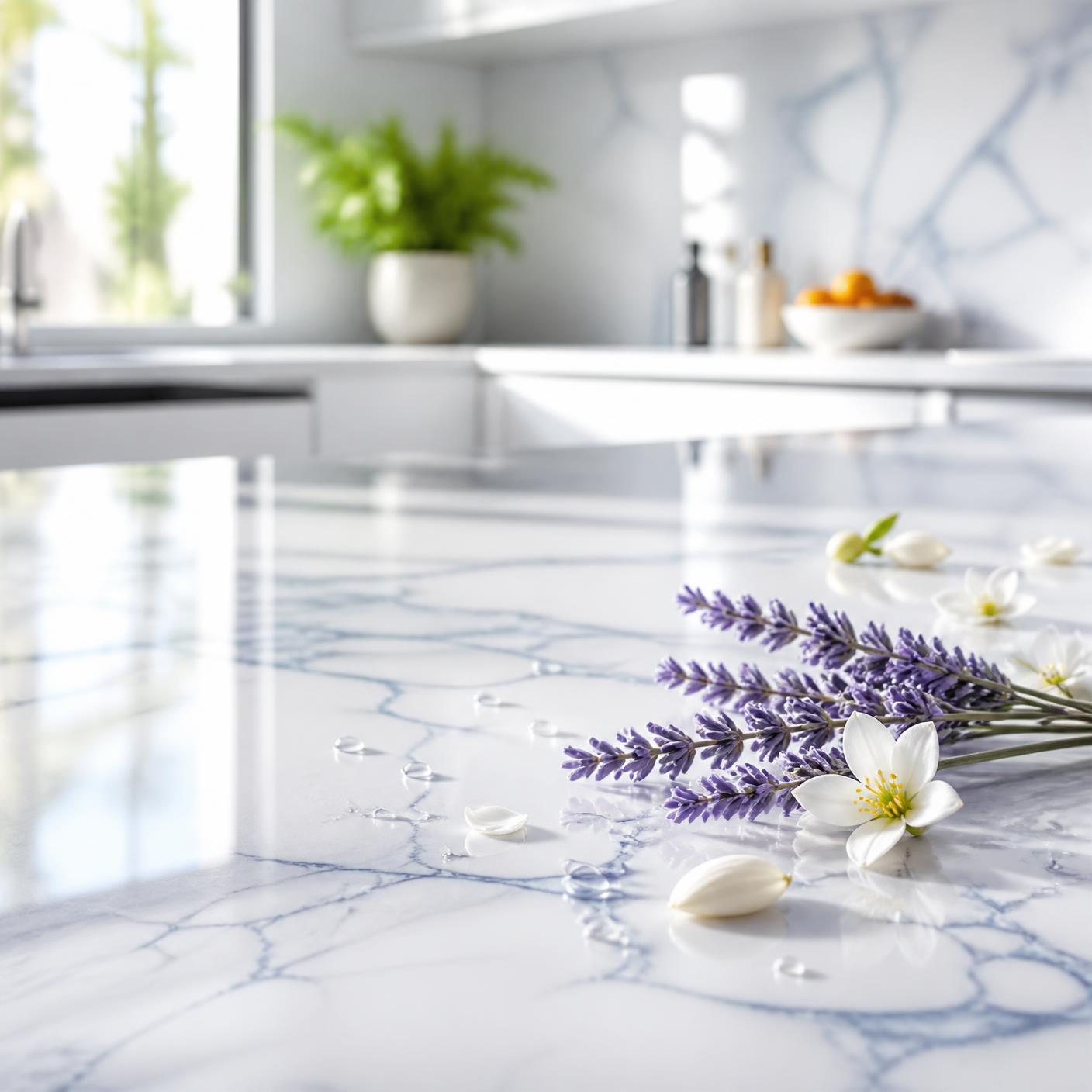 Sparkling clean marble kitchen surface with lavender and orange blossom